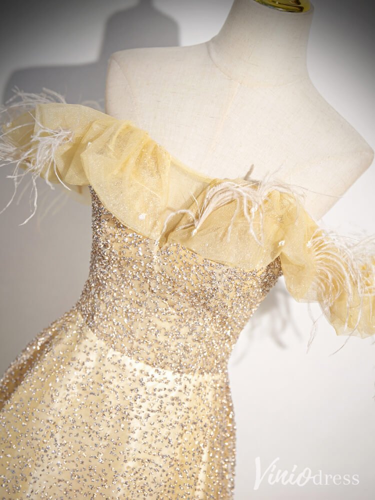 Champagne Off the Shoulder Prom Dresses Feather Sparkly Evening Dress AD1339-prom dresses 2025 -Viniodress-Champagne-Custom Size-