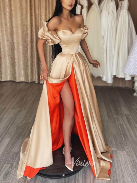 Champagne Off the Shoulder Prom Dresses With Slit Sweetheart Neck Evening Dress FD3207-prom dresses 2025 -Viniodress-Champagne-Custom Size-