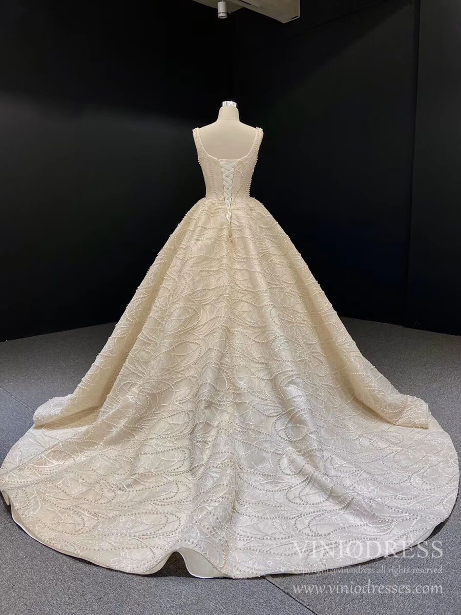 Champagne Pearl Embroidery Lace Wedding Dresses Square Neck Ball Gown Viniodress Champagne Pearl Embroidery Lace Wedding Dresses Square Neck Ball Gown Viniodress