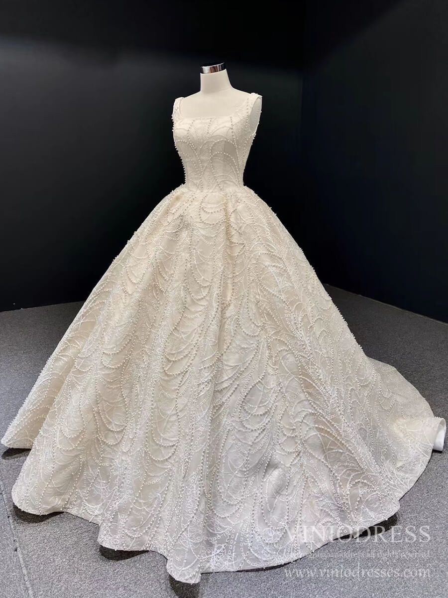 Champagne Pearl Embroidery Lace Wedding Dresses Square Neck Ball Gown VW1650-wedding dresses 2025 -Viniodress-Champagne-Custom Size-