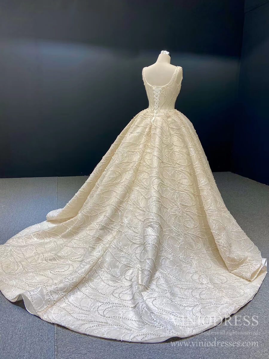 Champagne Pearl Embroidery Lace Wedding Dresses Square Neck Ball Gown VW1650-wedding dresses 2025 -Viniodress-Champagne-Custom Size-