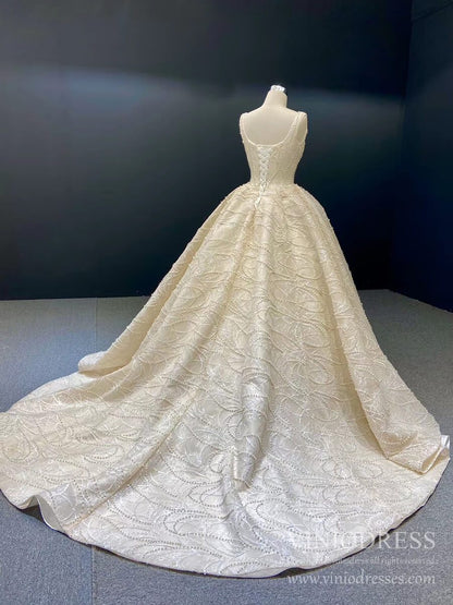 Champagne Pearl Embroidery Lace Wedding Dresses Square Neck Ball Gown VW1650-wedding dresses 2025 -Viniodress-Champagne-Custom Size-