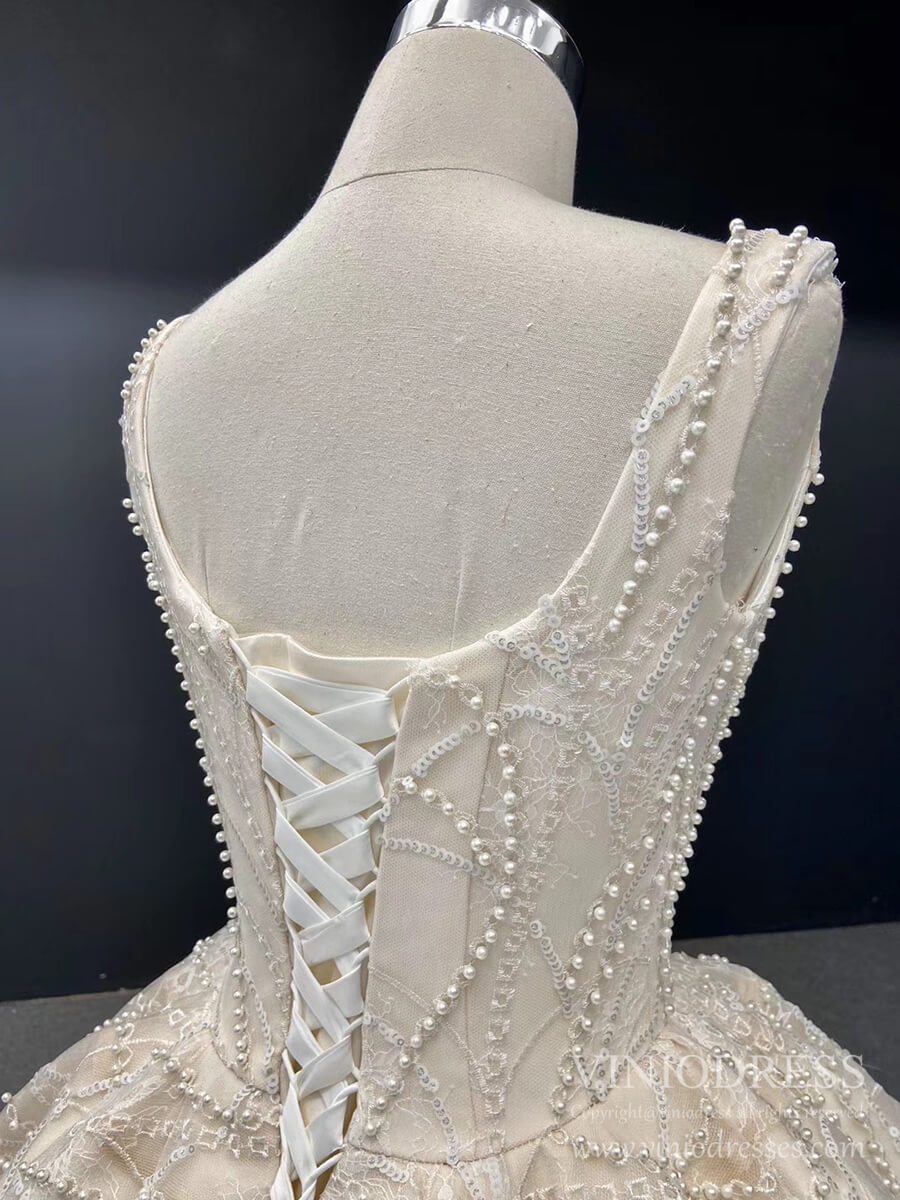 Champagne Pearl Embroidery Lace Wedding Dresses Square Neck Ball Gown VW1650-wedding dresses 2025 -Viniodress-Champagne-Custom Size-
