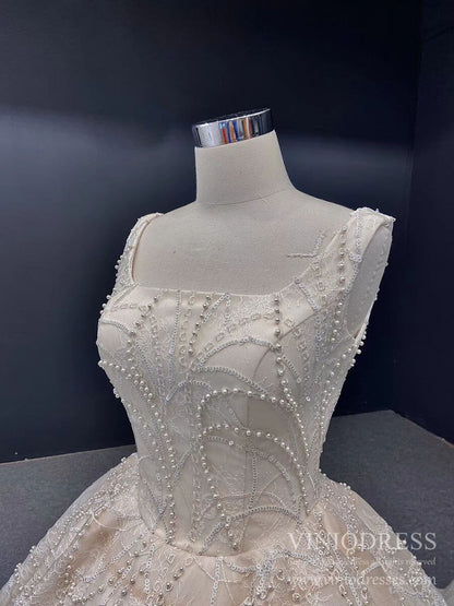 Champagne Pearl Embroidery Lace Wedding Dresses Square Neck Ball Gown VW1650-wedding dresses 2025 -Viniodress-Champagne-Custom Size-
