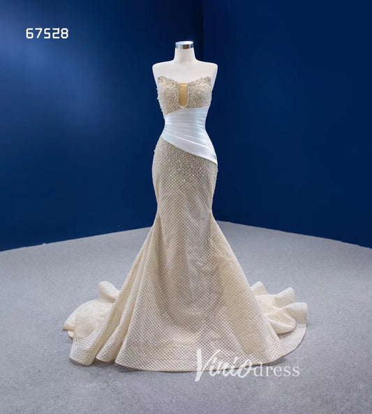 Champagne Pearl Mermaid Wedding Dresses Strapless Pageant Dress 67528-wedding dresses 2025 -Viniodress-Champagne-Custom Size-