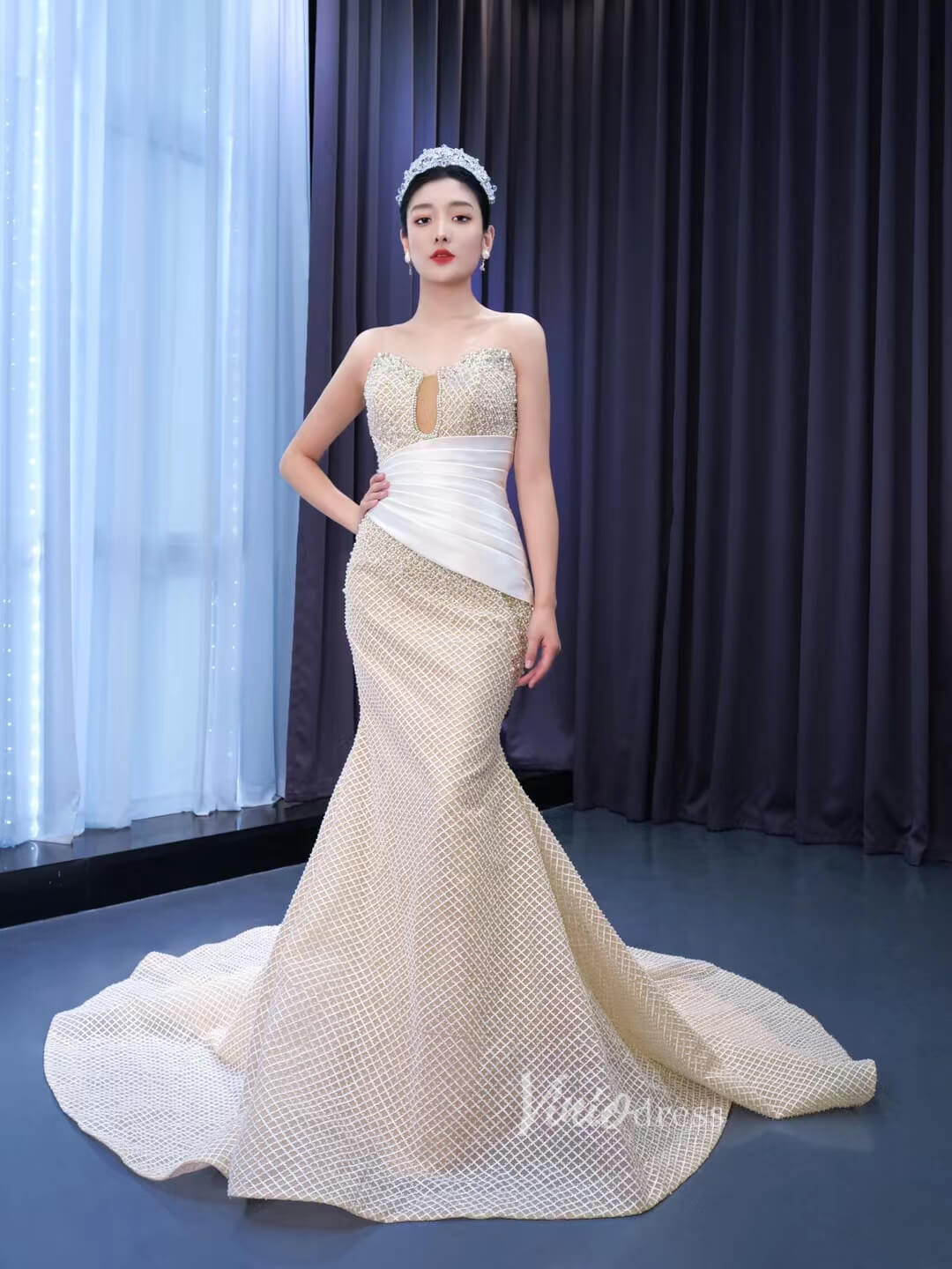 Champagne Pearl Mermaid Wedding Dresses Strapless Pageant Dress 67528-wedding dresses 2025 -Viniodress-Champagne-Custom Size-