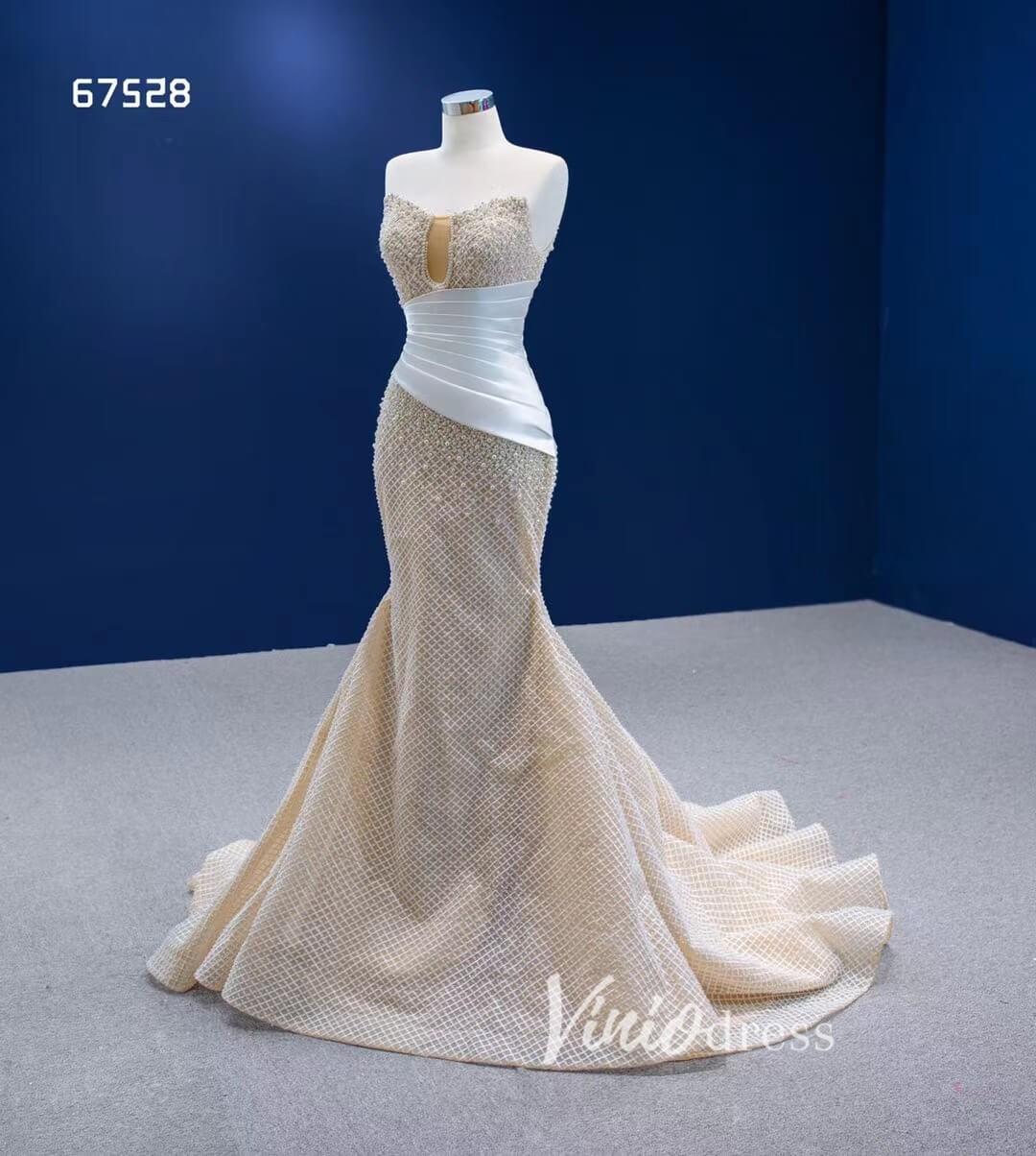 Champagne Pearl Mermaid Wedding Dresses Strapless Pageant Dress 67528-wedding dresses 2025 -Viniodress-Champagne-Custom Size-