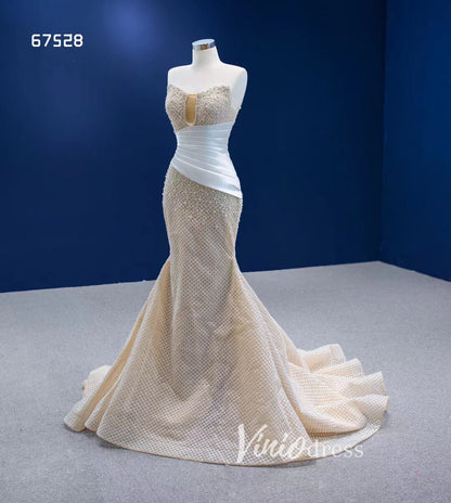Champagne Pearl Mermaid Wedding Dresses Strapless Pageant Dress 67528-wedding dresses 2025 -Viniodress-Champagne-Custom Size-