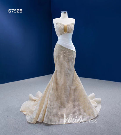 Champagne Pearl Mermaid Wedding Dresses Strapless Pageant Dress 67528-wedding dresses 2025 -Viniodress-Champagne-Custom Size-