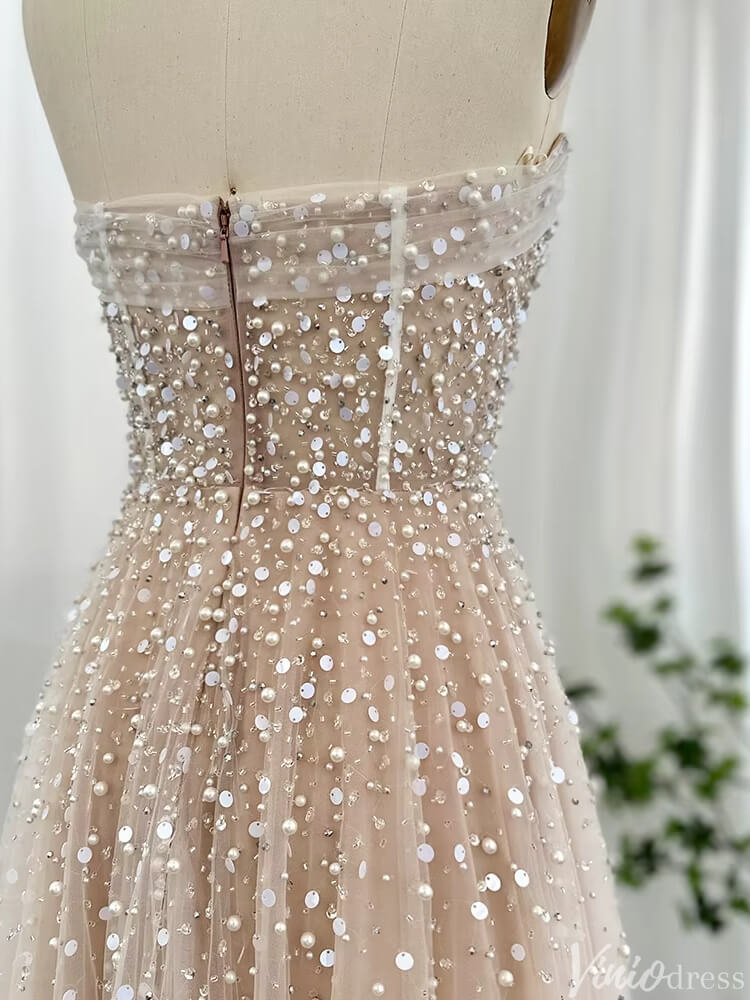 Champagne Pearl Prom Dresses Strapless Wedding Guest Dress FD1424-Evening Dresses 2025 -Viniodress-Champagne-US 2-
