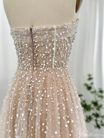 Champagne Pearl Prom Dresses Strapless Wedding Guest Dress FD1424-Evening Dresses 2025 -Viniodress-Champagne-US 2-