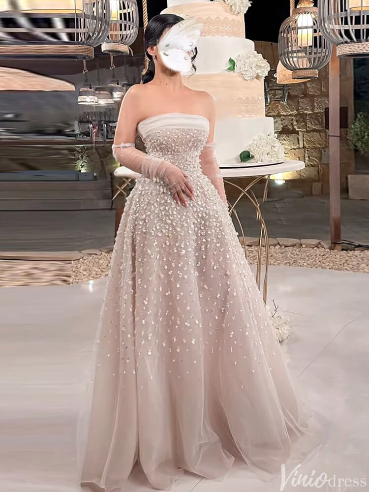 Prom Dress 2025 Champagne Pearl Prom Dresses Strapless Wedding Guest Dress FD1424-unique prom dresses-Champagne-US 2-Viniodress