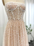 Prom Dress 2025 Champagne Pearl Prom Dresses Strapless Wedding Guest Dress FD1424-unique prom dresses-Champagne-US 2-Viniodress