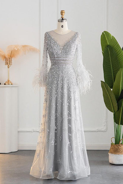 Champagne Pink Beaded Evening Dresses Long Sleeves Feather Prom Dress FD3020-Evening Dresses 2025 -Viniodress-Grey-US 2-