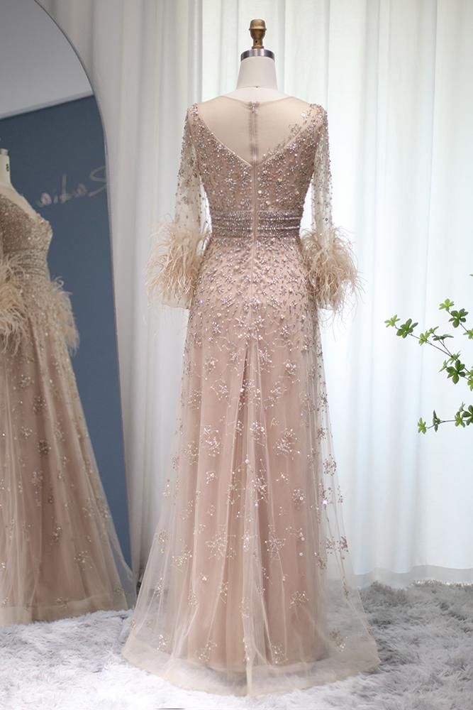 Champagne Pink Beaded Evening Dresses Long Sleeves Feather Prom Dress Viniodress Champagne Pink Beaded Evening Dresses Long Sleeves Feather Prom Dress Viniodress