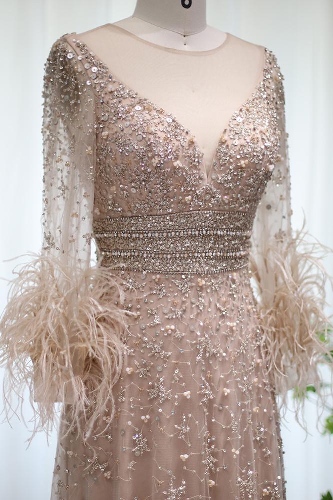 Champagne Pink Beaded Evening Dresses Long Sleeves Feather Prom Dress FD3020-Evening Dresses 2025 -Viniodress-Pink-US 2-