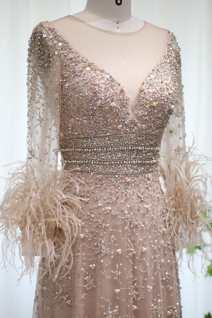 Champagne Pink Beaded Evening Dresses Long Sleeves Feather Prom Dress FD3020-Evening Dresses 2025 -Viniodress-Pink-US 2-