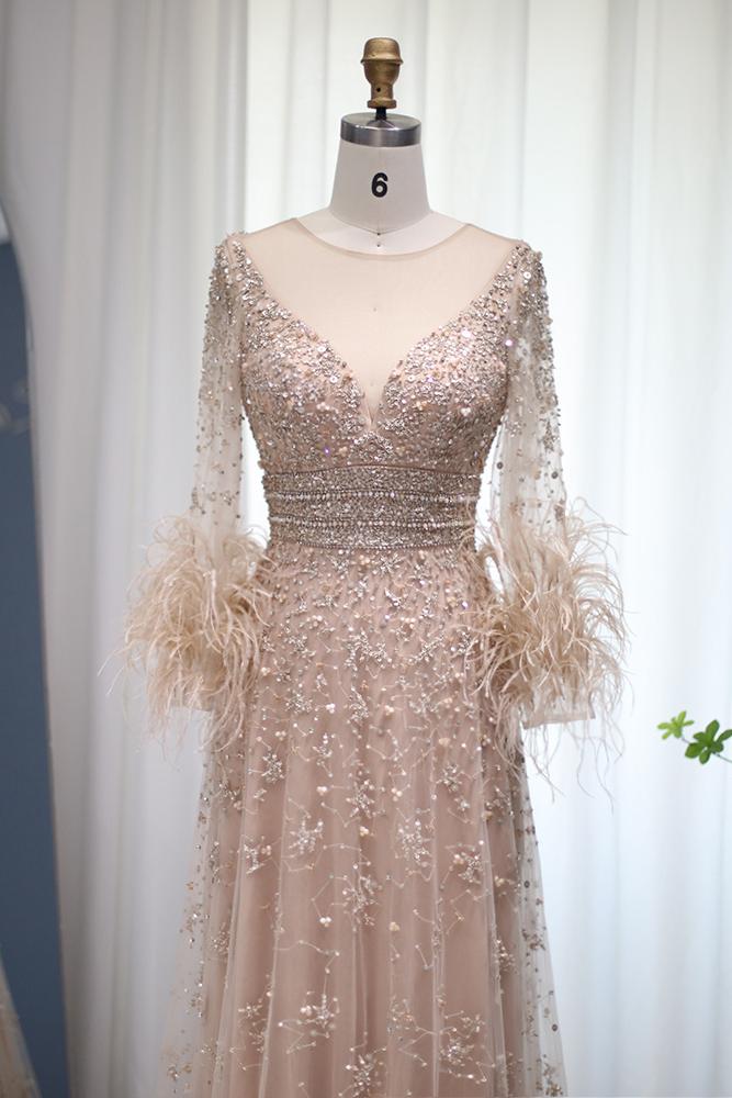 Champagne Pink Beaded Evening Dresses Long Sleeves Feather Prom Dress FD3020-Evening Dresses 2025 -Viniodress-Pink-US 2-
