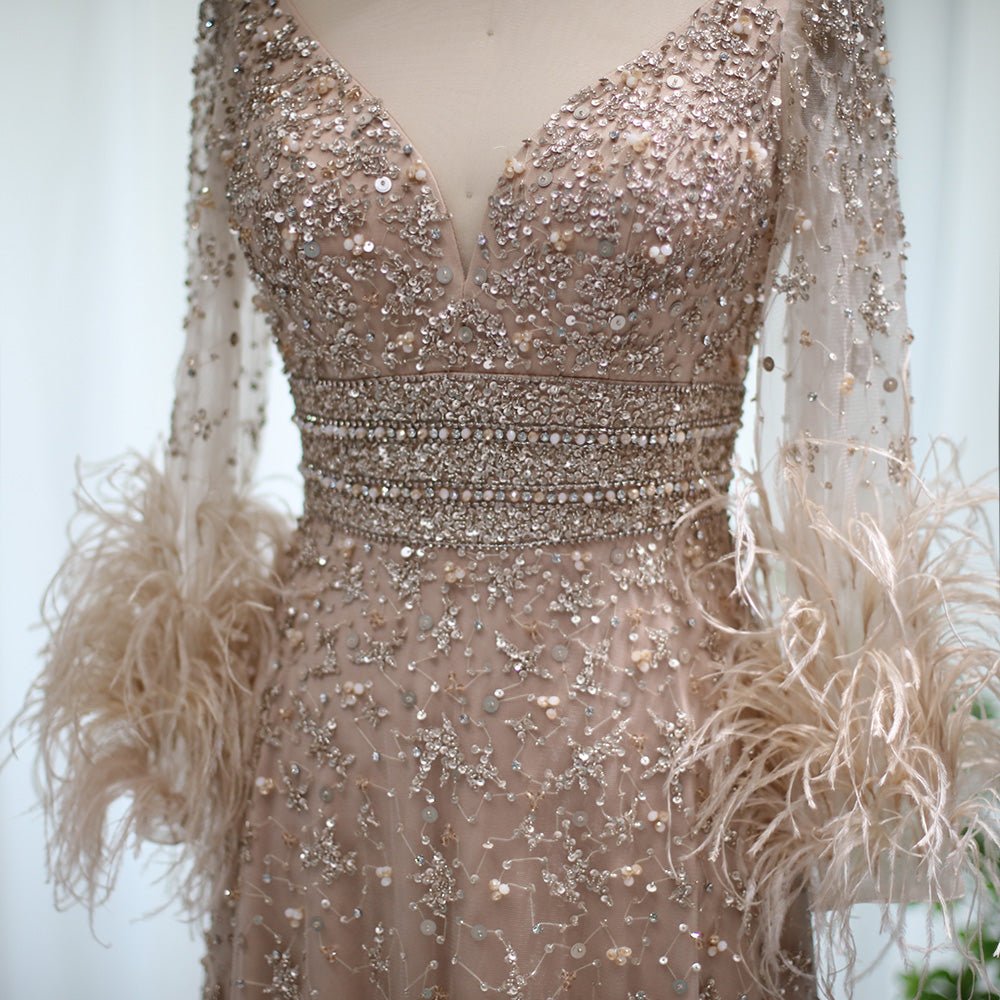 Champagne Pink Beaded Evening Dresses Long Sleeves Feather Prom Dress FD3020-Evening Dresses 2025 -Viniodress-Pink-US 2-