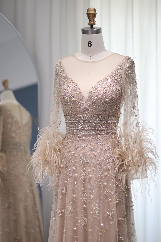Champagne Pink Beaded Evening Dresses Long Sleeves Feather Prom Dress FD3020-Evening Dresses 2025 -Viniodress-Pink-US 2-