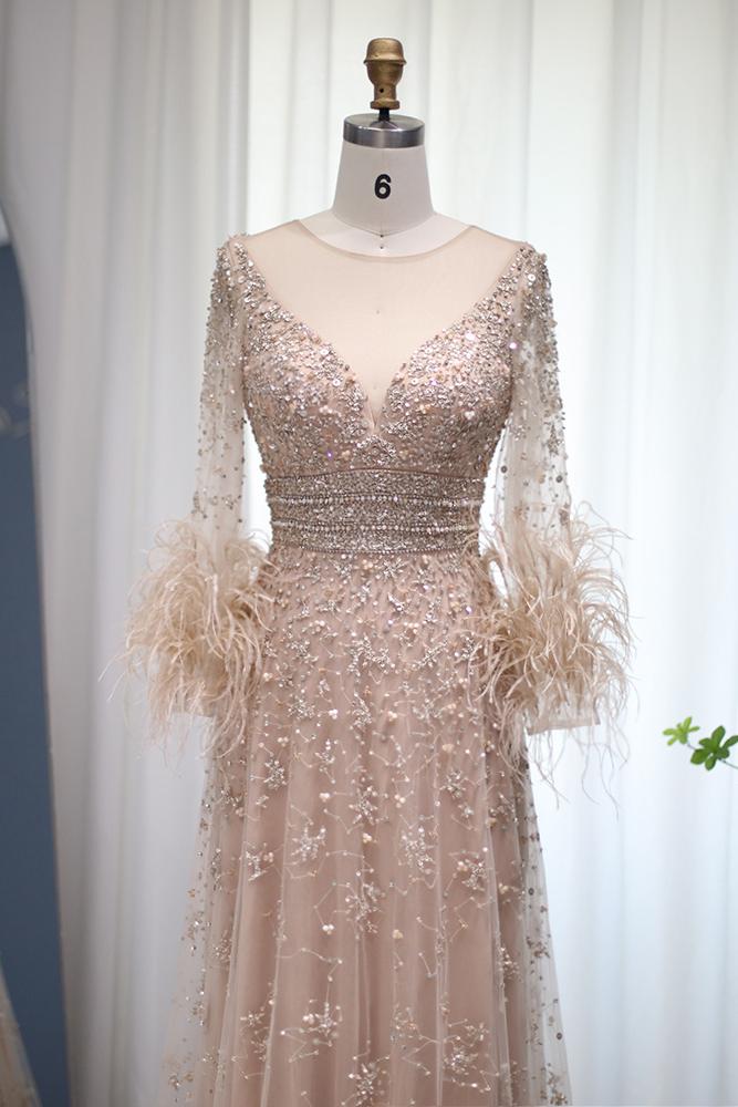 Prom Dress 2025 Champagne Pink Beaded Evening Dresses Long Sleeves Feather Prom Dress FD3020-unique prom dresses-Pink-US 2-Viniodress