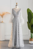 Prom Dress 2025 Champagne Pink Beaded Evening Dresses Long Sleeves Feather Prom Dress FD3020-unique prom dresses-Grey-US 2-Viniodress