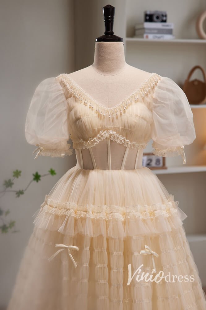 Champagne Pleated Tulle Prom Dresses with Puffed Sleeve AD1045-prom dresses 2025 -Viniodress-Champagne-Custom Size-