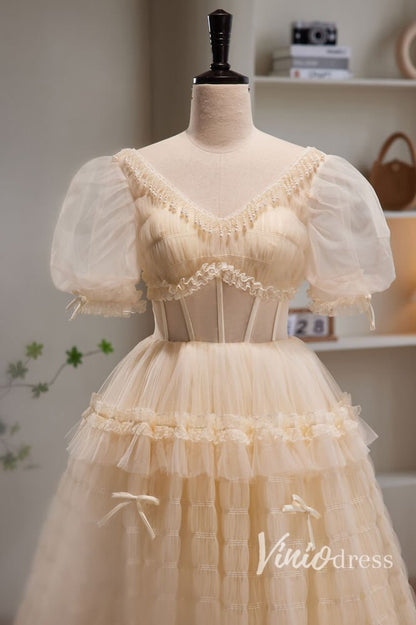Champagne Pleated Tulle Prom Dresses with Puffed Sleeve AD1045-prom dresses 2025 -Viniodress-Champagne-Custom Size-