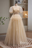 Champagne Pleated Tulle Prom Dresses with Puffed Sleeve AD1045