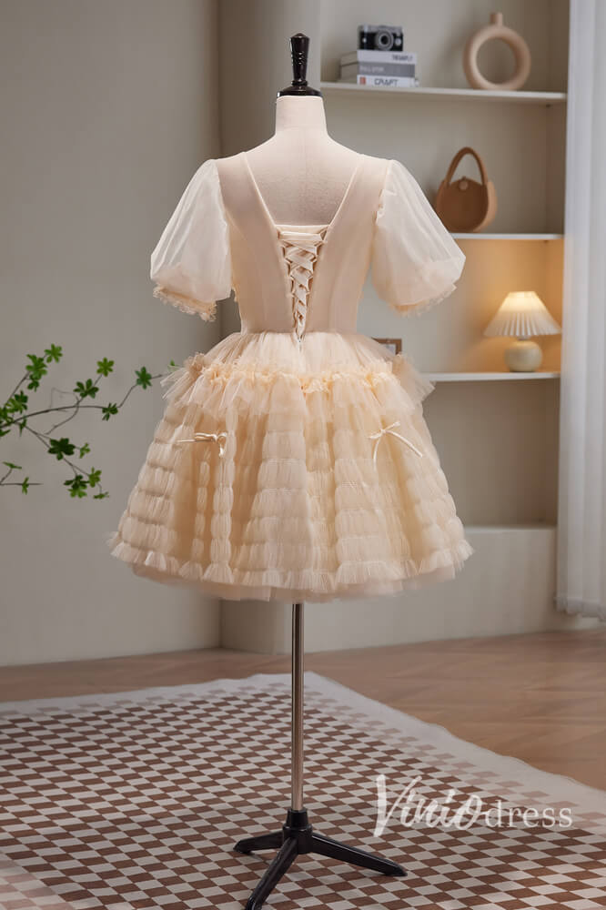 Champagne Puffed Sleeve Homecoming Dresses V-Neck Short Prom Dress SD1613-prom dresses 2025 -Viniodress-Champagne-Custom Size-