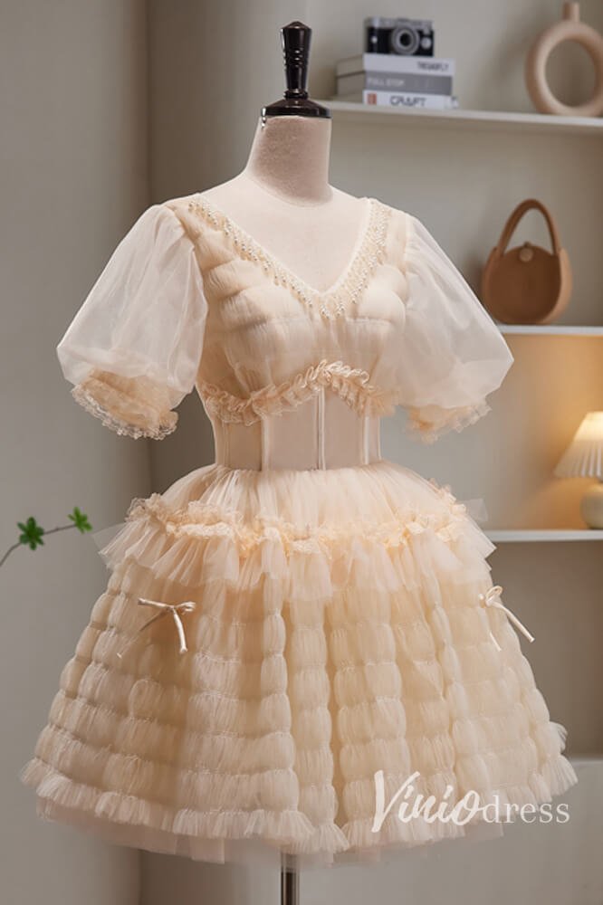 Champagne Puffed Sleeve Homecoming Dresses V-Neck Short Prom Dress SD1613-prom dresses 2025 -Viniodress-Champagne-Custom Size-