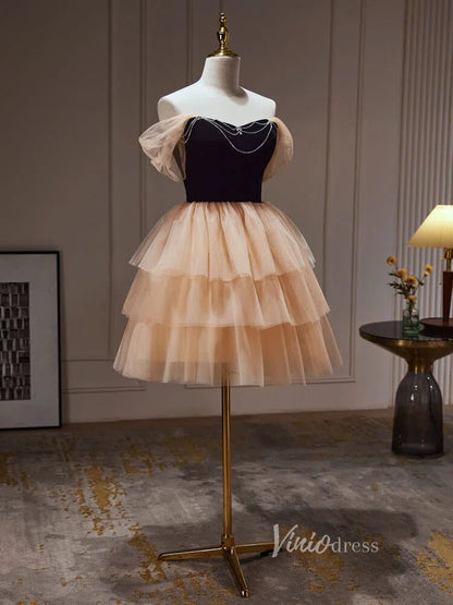 Champagne Ruffle Homecoming Dresses Off the Shoulder Velvet Bodice Beaded String BJ027-prom dresses 2025 -Viniodress-Champagne-Custom Size-