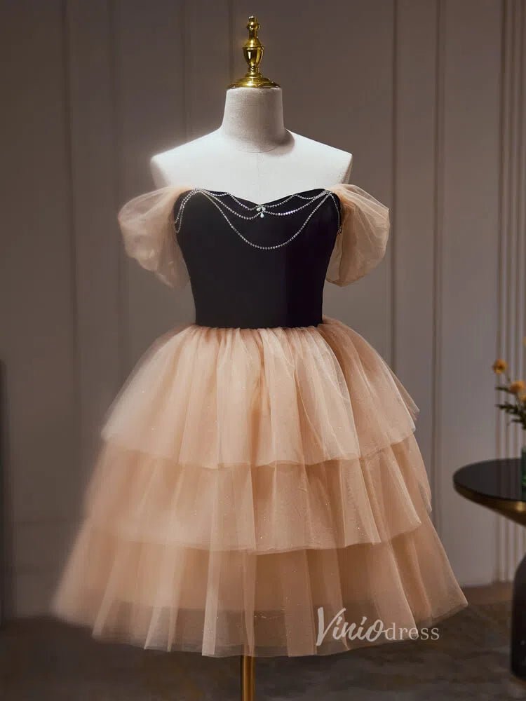 Champagne Ruffle Homecoming Dresses Off the Shoulder Velvet Bodice Beaded String BJ027-prom dresses 2025 -Viniodress-Champagne-Custom Size-