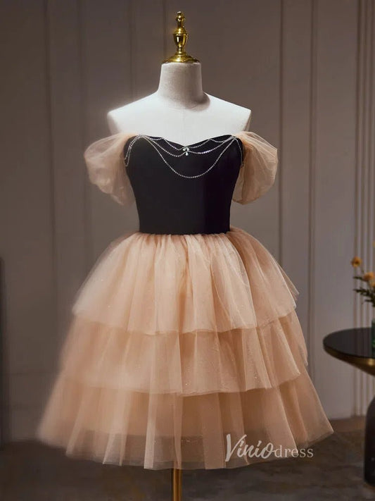 Champagne Ruffle Homecoming Dresses Off the Shoulder Velvet Bodice Beaded String BJ027-prom dresses 2025 -Viniodress-Champagne-Custom Size-