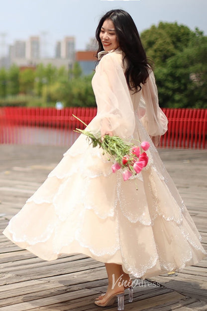 Champagne Ruffle Prom Dresses Long Sleeve Tea Length Evening Gown 20100-Evening Dresses 2025 -Viniodress-Champagne-US 2-