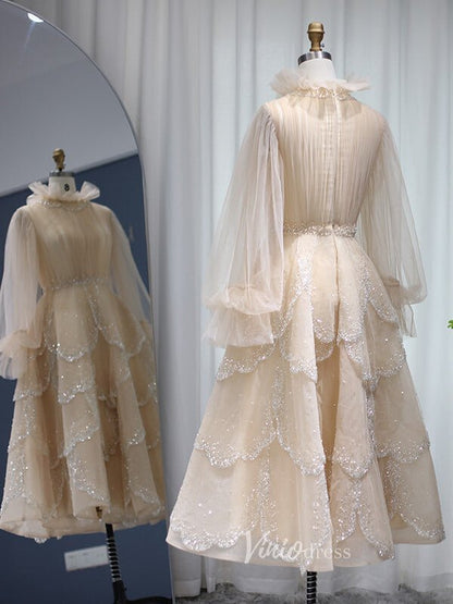 Champagne Ruffle Prom Dresses Long Sleeve Tea Length Evening Gown 20100-Evening Dresses 2025 -Viniodress-Champagne-US 2-