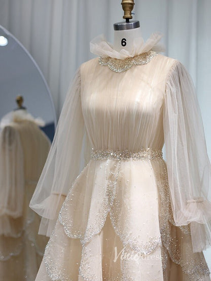Champagne Ruffle Prom Dresses Long Sleeve Tea Length Evening Gown 20100-Evening Dresses 2025 -Viniodress-Champagne-US 2-