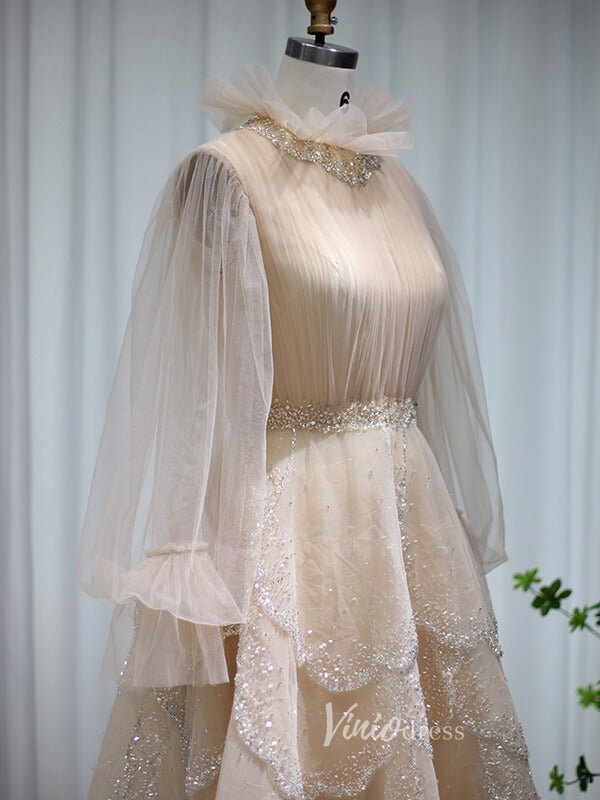 Champagne Ruffle Prom Dresses Long Sleeve Tea Length Evening Gown 20100-Evening Dresses 2025 -Viniodress-Champagne-US 2-