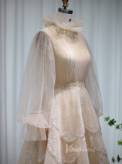 Champagne Ruffle Prom Dresses Long Sleeve Tea Length Evening Gown 20100-Evening Dresses 2025 -Viniodress-Champagne-US 2-