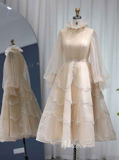 Champagne Ruffle Prom Dresses Long Sleeve Tea Length Evening Gown 20100-Evening Dresses 2025 -Viniodress-Champagne-US 2-