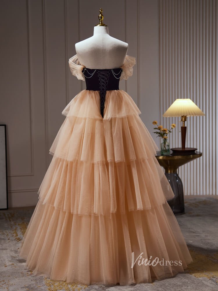 Champagne Ruffle Prom Dresses Off the Shoulder Velvet Bodice Beaded String BJ027L - Viniodressprom dressesChampagneCustom Size - Formal Dresses - Ball Gowns