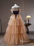 Champagne Ruffle Prom Dresses Off the Shoulder Velvet Bodice Beaded String BJ027L-prom dresses-Viniodress-Viniodress