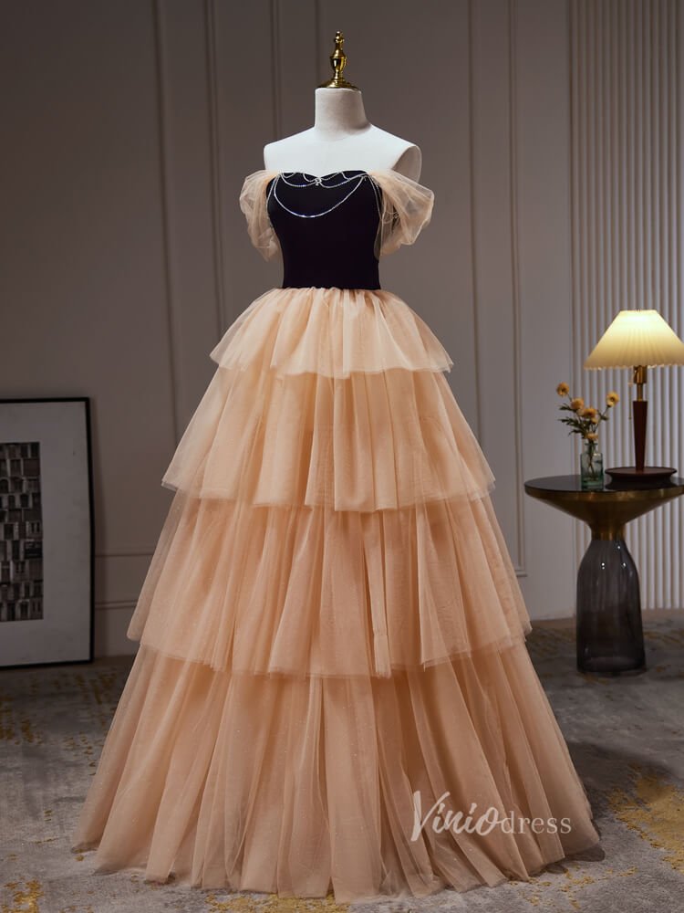 Champagne Ruffle Prom Dresses Off the Shoulder Velvet Bodice Beaded String BJ027L - Viniodressprom dressesChampagneCustom Size - Formal Dresses - Ball Gowns