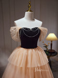 Champagne Ruffle Prom Dresses Off the Shoulder Velvet Bodice Beaded String BJ027L-prom dresses-Viniodress-Viniodress