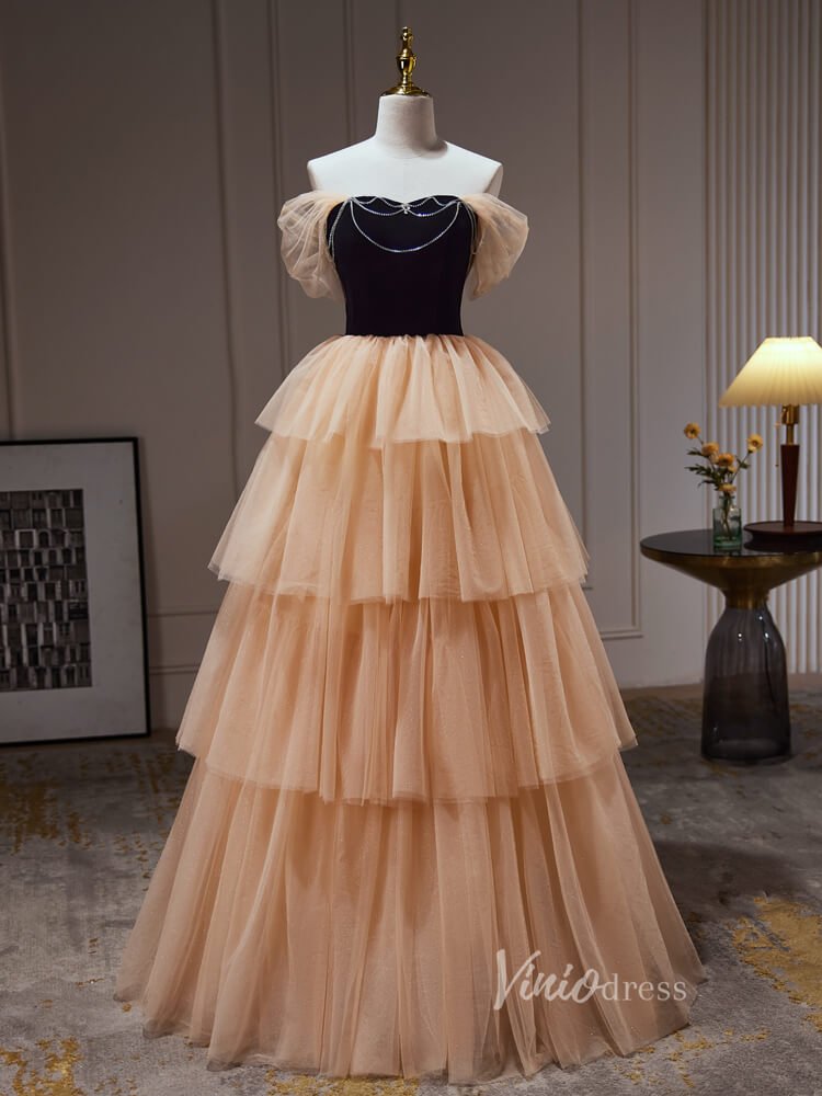 Champagne Ruffle Prom Dresses Off the Shoulder Velvet Bodice Beaded String BJ027L - Viniodressprom dressesChampagneCustom Size - Formal Dresses - Ball Gowns