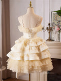 Champagne Ruffled 3D Flower Homecoming Dresses Spaghetti Strap Lace Short Prom Dress BJ062-prom dresses-Viniodress