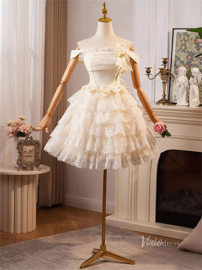Champagne Ruffled Lace 3D Flower Homecoming Dresses Off the Shoulder Short Prom Dress BJ065-prom dresses 2025 -Viniodress-Champagne-Custom Size-