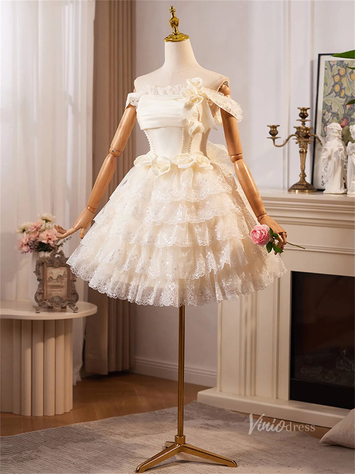 Champagne Ruffled Lace 3D Flower Homecoming Dresses Off the Shoulder Short Prom Dress BJ065-prom dresses 2025 -Viniodress-Champagne-Custom Size-