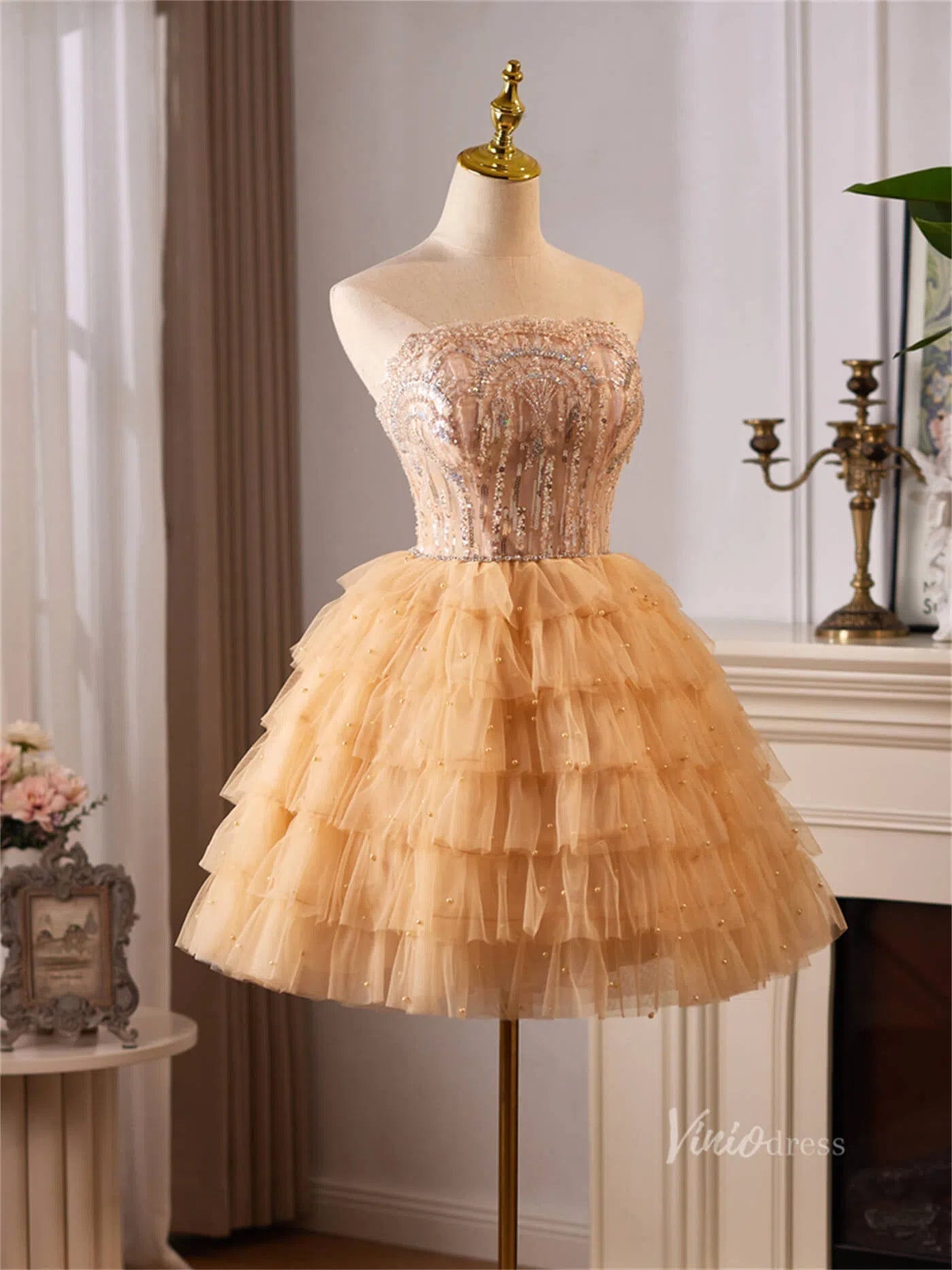 Champagne Ruffled Tiered Homecoming Dresses Strapless Lace Short Prom Dress BJ060-prom dresses 2025 -Viniodress-Champagne-Custom Size-