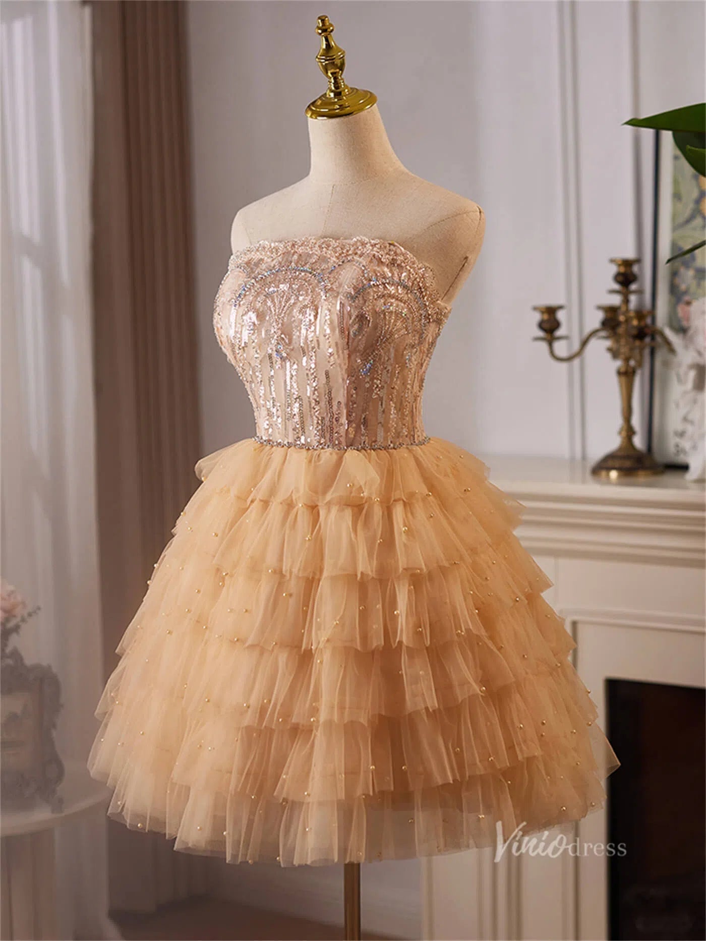 Champagne Ruffled Tiered Homecoming Dresses Strapless Lace Short Prom Dress BJ060-prom dresses 2025 -Viniodress-Champagne-Custom Size-